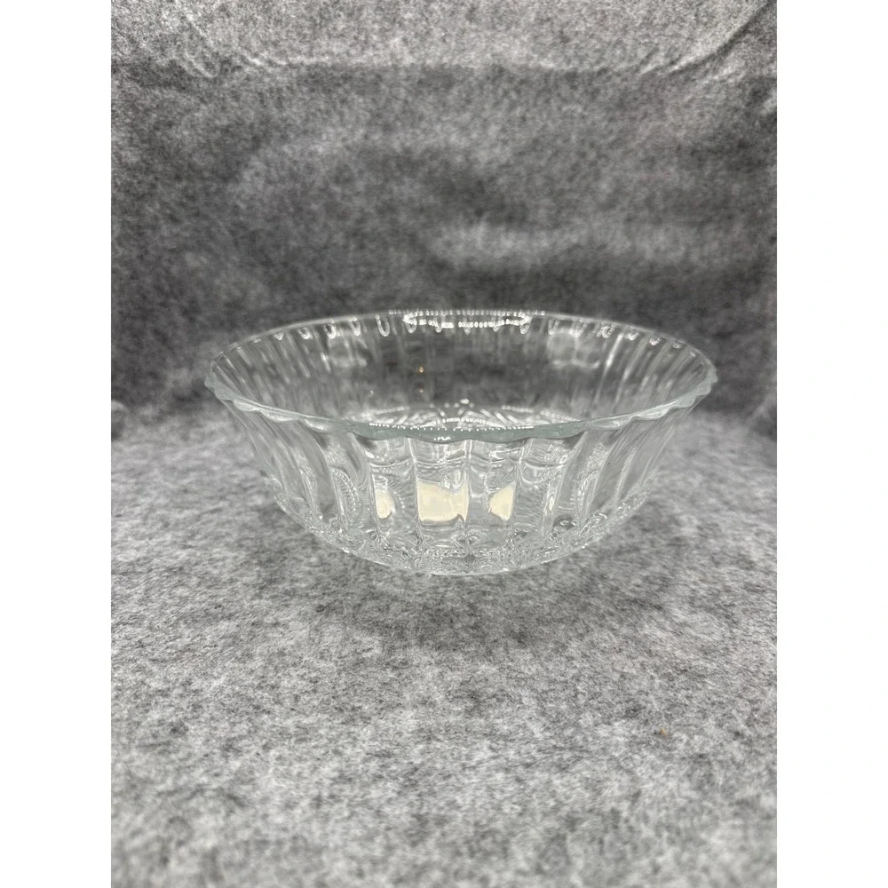 Vintage Clear Pressed Glass Bowl Ribbed Sides Diamond Scroll Pattern 7 Inch
